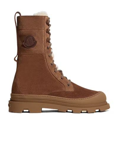 Moncler Vera High Shearling-trimmed Suede Mid-calf Boots In Brown