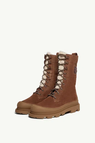 Moncler Vera High Shearling-trimmed Suede Mid-calf Boots In Brown