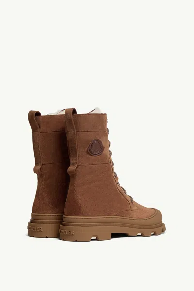 Moncler Vera High Shearling-trimmed Suede Mid-calf Boots In Brown