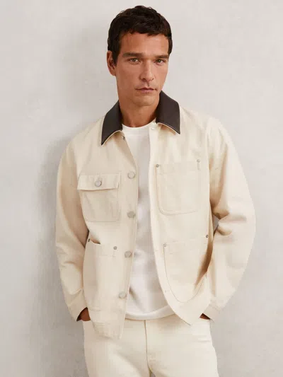 Reiss Clapper Long Sleeved Denim Leather Collar Worker Jacket In White