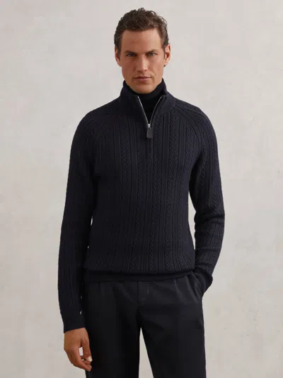 Reiss Navy Cable-knit Half-zip Jumper With Wool In Black