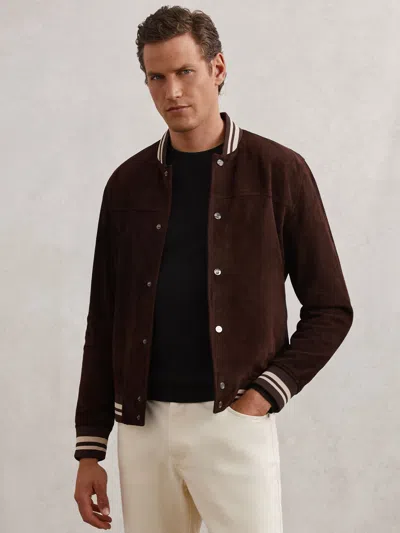 Reiss Banridge Long Sleeved Suede Stripe Bomber Jacket In Brown