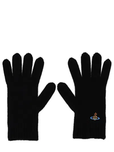 Vivienne Westwood Black Gloves With Orb Logo Embroidered On The Front In Wool Blend Unisex In Black