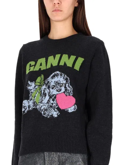 Ganni Playful Puppy Love Graphic Wool Blend Crewneck Sweater In Black