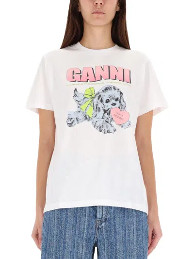 Ganni Women Puppy Print And Logo T-shirt In White