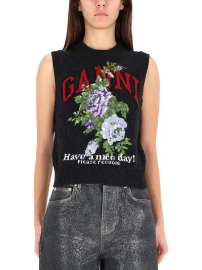 Ganni Flowers Grey Vest In Black
