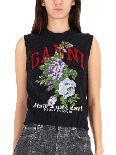 Ganni Flowers Grey Vest In Black