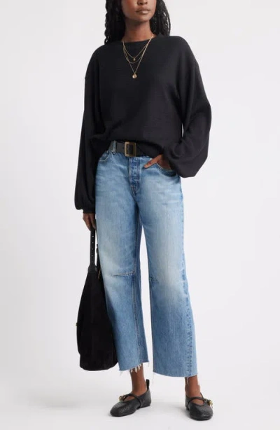 Treasure & Bond Roll Crewneck Boxy Long Sleeve Cotton Blend Top In Black