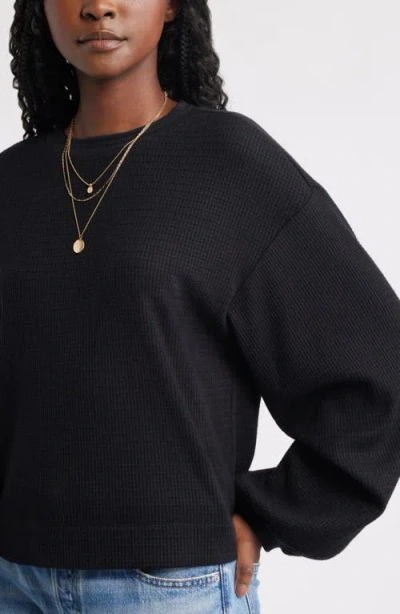 Treasure & Bond Roll Crewneck Boxy Long Sleeve Cotton Blend Top In Black