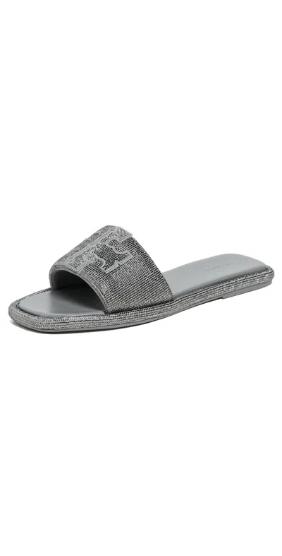 Tory Burch Double T Pave Sport Slides Lapis/light Black Diamond In Gray