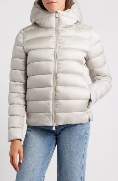 Save The Duck Gretel Faux Shearling Lining Hooded Puffer Jacket In White
