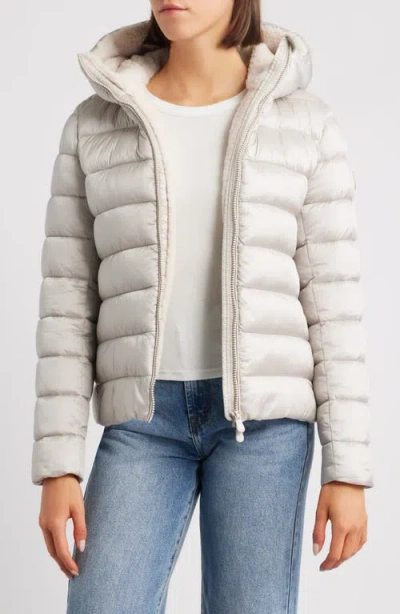 Save The Duck Gretel Faux Shearling Lining Hooded Puffer Jacket In White
