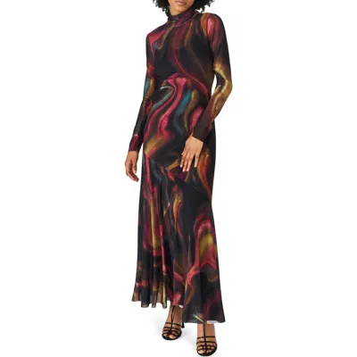 Steve Madden Vivara Printed Long Sleeve Mesh Maxi Dress In Multi