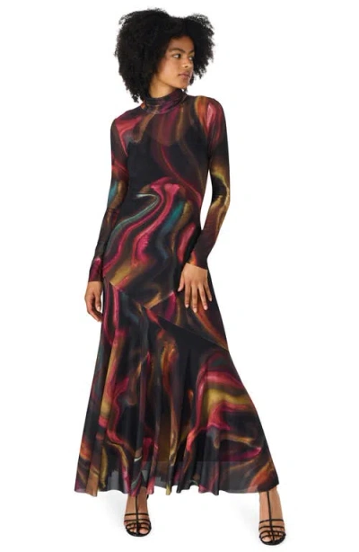 Steve Madden Vivara Printed Long Sleeve Mesh Maxi Dress In Multi