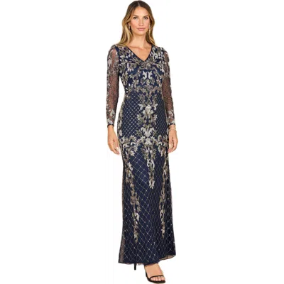 Lara New York Long Sleeve Contrast Beaded Gown In Multi