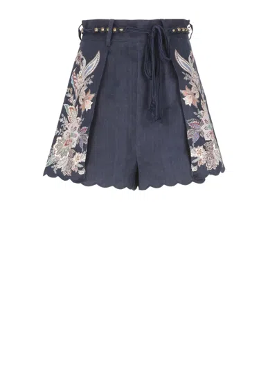 Zimmermann Pleated Floral-print Shorts With Scalloped Hem And Rope Waist Belt In Multi