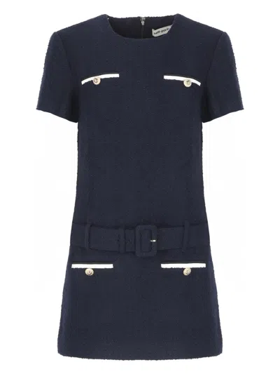 Self-portrait Textured Boucle Mini Dress With Belted Waist And Gold-tone Accents In Blue