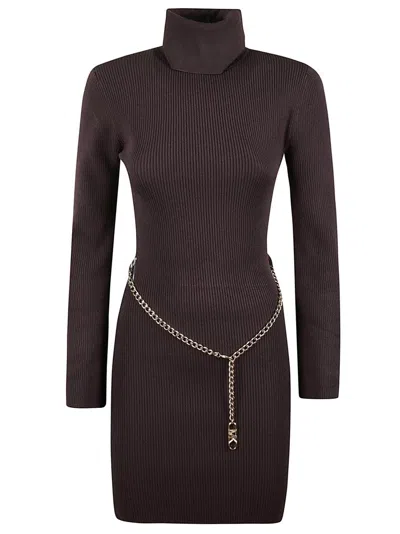 Michael Kors Chocolate Ribbed Jersey Mini Dress With High Neck In Brown