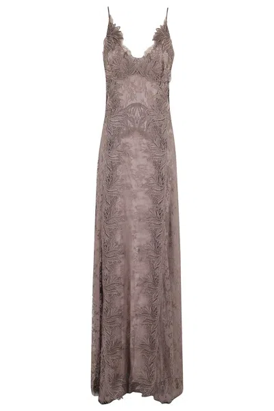 Alberta Ferretti Macramé Lace Dress With V-neckline In Gray