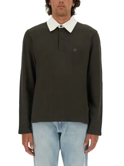 Courrèges Long-sleeved Cotton Polo With Contrasting Collar In Gray