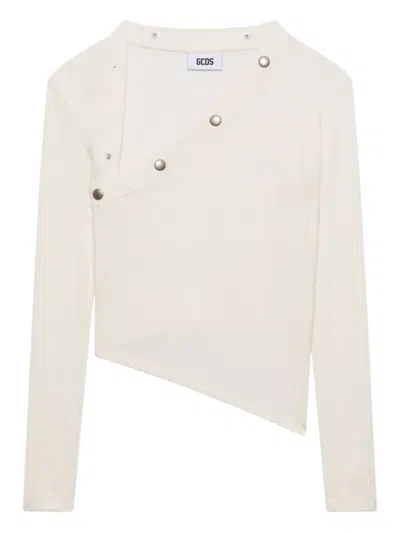Gcds Long-sleeved Ribbed Top With Snap Buttons In Neutral
