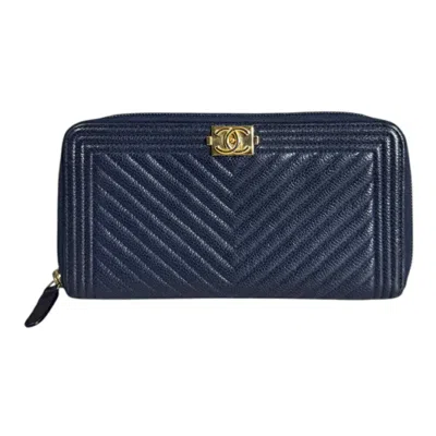 Pre-owned Chanel Boy  Navy Leather Long Bill Wallet (bi-fold) () In Blue