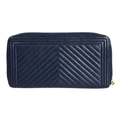 Pre-owned Chanel Boy  Navy Leather Long Bill Wallet (bi-fold) () In Blue