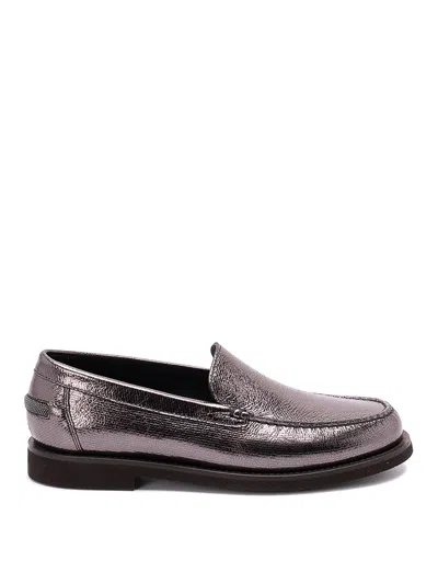 Brunello Cucinelli Metallic Finish Round Toe Loafers With Rubber Sole In Silver