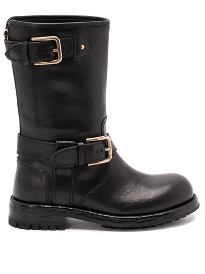Dolce & Gabbana Black Leather Boot With Buckles In Black
