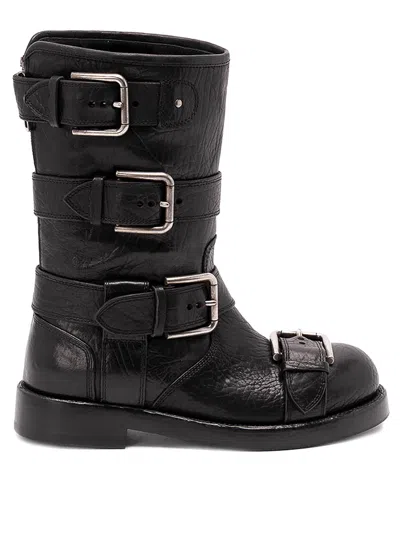 Dolce & Gabbana Black Leather Boots With Straps In Black