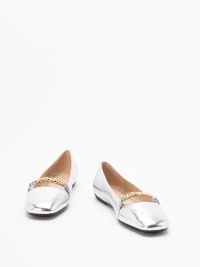 Pinko Pointed Toe Flats With Metallic Silver Finish And Chain Detail In Silver
