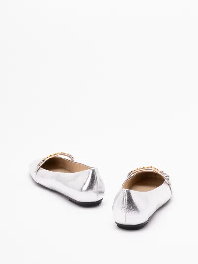 Pinko Pointed Toe Flats With Metallic Silver Finish And Chain Detail In Silver