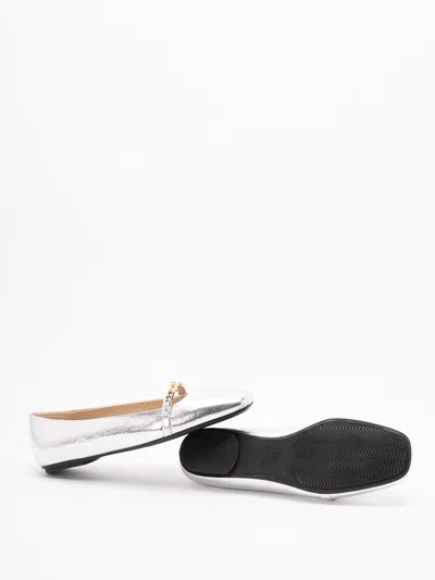 Pinko Pointed Toe Flats With Metallic Silver Finish And Chain Detail In Silver