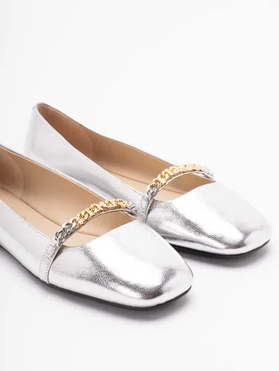 Pinko Pointed Toe Flats With Metallic Silver Finish And Chain Detail In Silver