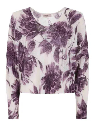 Twinset Twin-set Cropped Sweater With Floral Pattern And Textured Finish In Purple