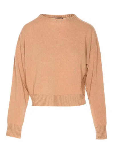 Twinset Twin-set Beige Crew Neck Sweater In Soft Wool-cashmere Blend In Brown