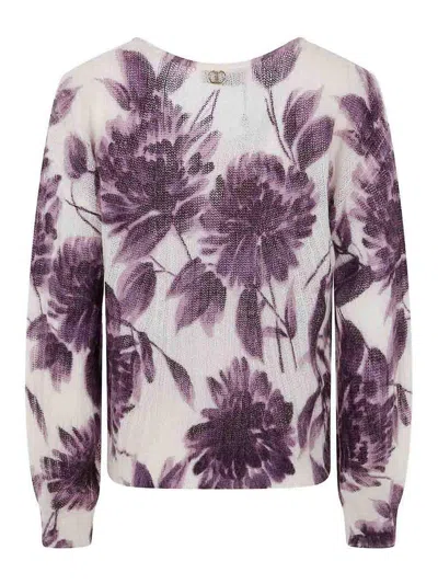 Twinset Twin-set Cropped Sweater With Floral Pattern And Textured Finish In Purple