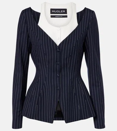 Mugler Striped Long-sleeve Casual Jacket In Blue