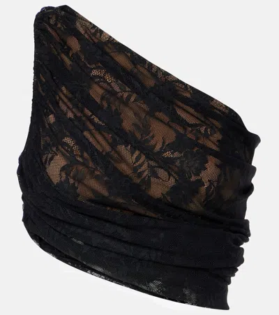 Norma Kamali Diana Asymmetric Lace Draped Top In Brown