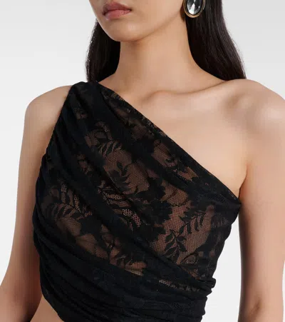 Norma Kamali Diana Asymmetric Lace Draped Top In Brown