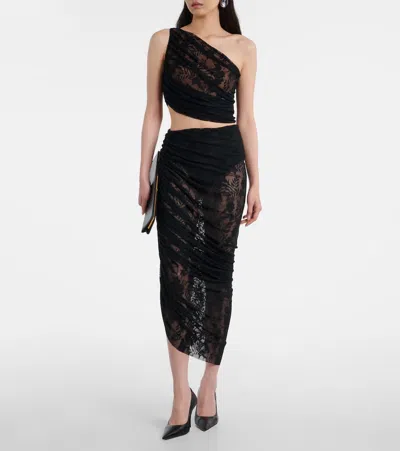 Norma Kamali Diana Asymmetric Lace Draped Top In Brown