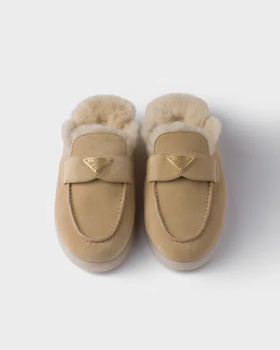 Prada Suede And Shearling Loafers In Brown