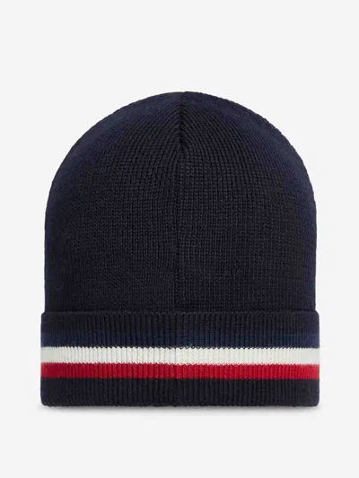 Moncler Beanie With Tricolor Band In Blue