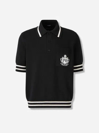 Balmain College Emblem Short Sleeve Polo Sweater In Black