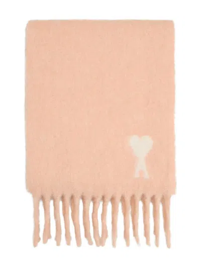Ami Alexandre Mattiussi Fringed Rectangular Scarf In Soft Powder Pink With Jacquard Detail In Pink