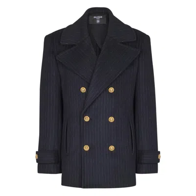 Balmain Merino Wool-blend Stripe Pea Coat In Blue