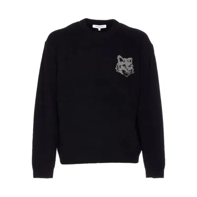 Maison Kitsuné Crew Neck Sweater With Large Fox Embroidery Black In Black