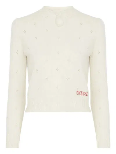 Chloé Wool And Cashmere Fitted Sweater With An Openwork Motif Clothing In White