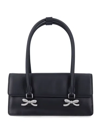Self-portrait Black Leather Shoulder Bag With Crystal Bows In Black