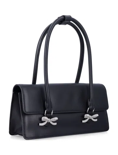 Self-portrait Black Leather Shoulder Bag With Crystal Bows In Black